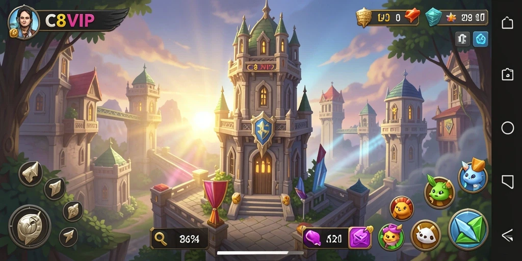 Tampilan dinamis gameplay Tower Defense C8VIP dengan menara yang menghancurkan musuh.