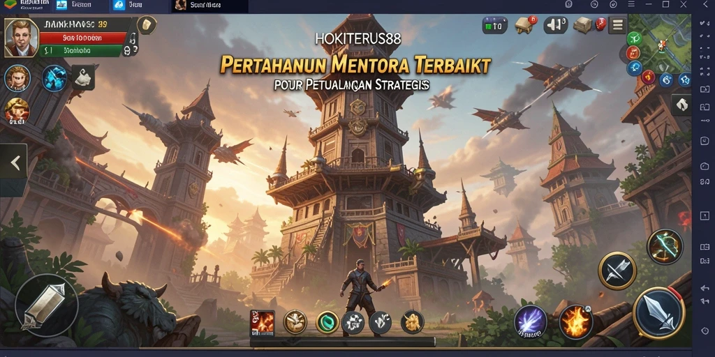 Gameplay HOKITERUS88 dengan menara yang saling berinteraksi.