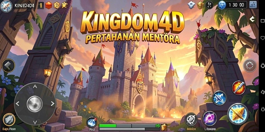 Screenshot KINGDOM4D menampilkan pertempuran mendebarkan dalam Tower Defense.