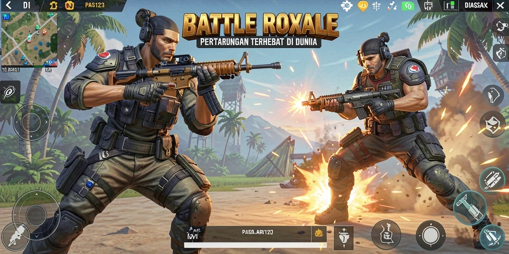 Screenshot PASAR123 yang menampilkan aksi pertempuran Battle Royale yang seru.