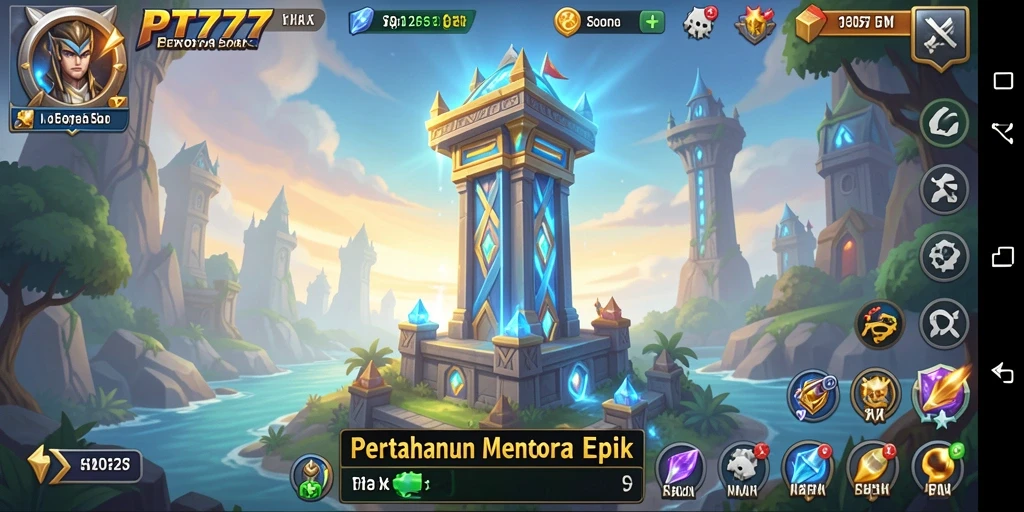 Screenshot gameplay PT777 menampilkan aksi menara pertahanan di medan perang.