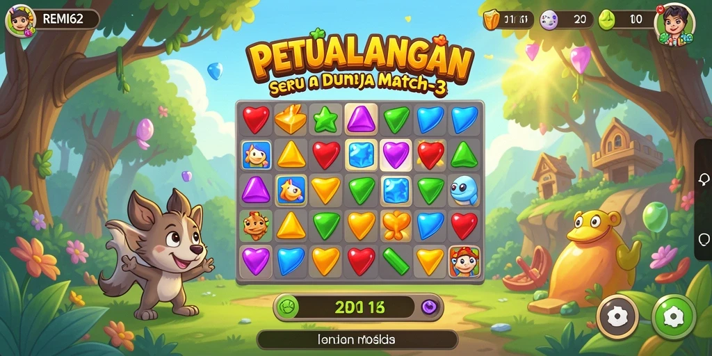 Tangkapan layar REMI62 menampilkan gameplay Match-3 yang seru dan berwarna.