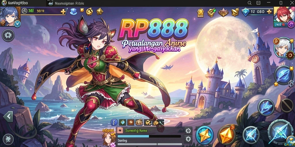 Tangkapan layar gameplay RP888 yang menampilkan karakter anime sedang bertarung.