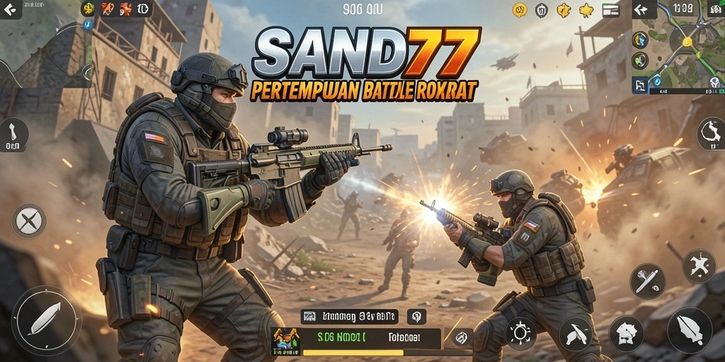 Screenshot SAND77 menampilkan aksi seru pertempuran Battle Royale.